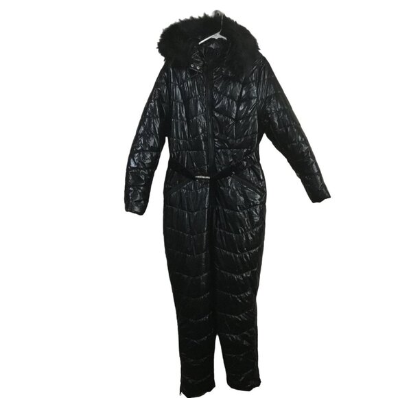 Boutique Jackets & Blazers - Black Metallic Belted One Piece Snowsuit White Fur Removable Hood Ski Suit XL